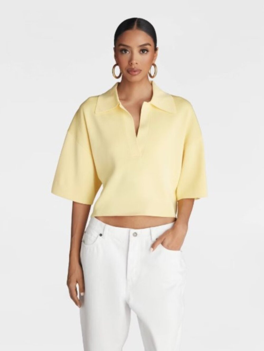 KBB by KAHLANA Women's Short Sleeve Boxy 'The Cropped Polo Sweater' - Yellow L